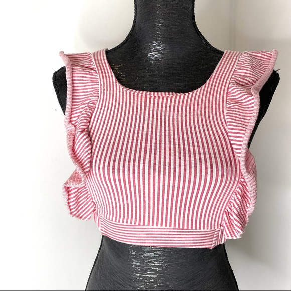 Zara Red White Striped Ruffled Crop Top - Picture 2 of 9